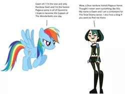 Size: 800x600 | Tagged: crossover, derpibooru import, downvote bait, gwen, human, rainbow dash, safe, total drama, total drama island