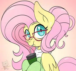 Size: 1816x1683 | Tagged: alternate hairstyle, artist:zombies-pudding, clothes, derpibooru import, drink, drinking, flutternerd, fluttershy, glasses, nerd, safe, solo, straw