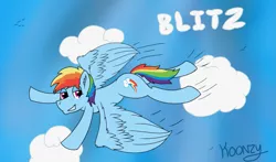 Size: 1109x650 | Tagged: safe, artist:koonzypony, derpibooru import, rainbow dash, pegasus, pony, cloud, flying, male, my little pony, rainbow, rainbow blitz, rule 63, smirk, stallion, wings