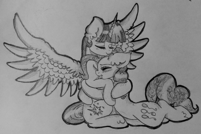 Size: 3028x2016 | Tagged: safe, artist:themoonraven, derpibooru import, pinkie pie, twilight sparkle, twilight sparkle (alicorn), alicorn, pony, blushing, eyes closed, female, hug, lesbian, mare, monochrome, shipping, smiling, traditional art, twinkie