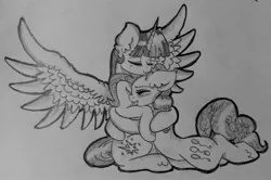 Size: 3028x2016 | Tagged: safe, artist:themoonraven, derpibooru import, pinkie pie, twilight sparkle, twilight sparkle (alicorn), alicorn, pony, blushing, eyes closed, female, hug, lesbian, mare, monochrome, shipping, smiling, traditional art, twinkie