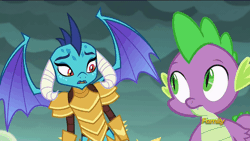 Size: 960x540 | Tagged: animated, derpibooru import, discovery family logo, dragon, dragon armor, gauntlet of fire, princess ember, safe, screencap, spike, talking