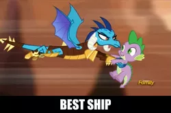 Size: 1277x843 | Tagged: derpibooru import, discovery family logo, dragon, dragon armor, dragoness, duo, emberspike, female, gauntlet of fire, image macro, male, meme, princess ember, safe, screencap, shipping, spike, straight, text