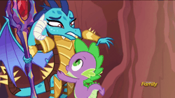 Size: 960x540 | Tagged: animated, bloodstone scepter, derpibooru import, discovery family logo, dragon, dragon armor, dragon lord ember, gauntlet of fire, hug, it's called a hug, princess ember, safe, screencap, shipping fuel, spike, talking