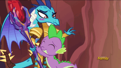 Size: 960x540 | Tagged: animated, armor, bloodstone scepter, blushing, cute, derpibooru import, discovery family logo, dragon, dragon armor, dragon lord ember, emberbetes, eyes closed, gauntlet of fire, hug, it's called a hug, petting, princess ember, safe, screencap, shipping fuel, smiling, spike, tsundember, tsundere, wavy mouth