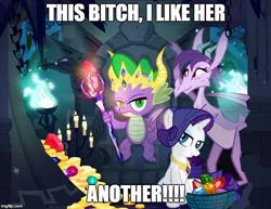 Size: 646x500 | Tagged: artist:pixelkitties, bloodstone scepter, caption, crown, derpibooru import, dragon, dragon lord spike, edit, element of generosity, gauntlet of fire, gem, gold, image macro, impact font, jewel, jewels, looking at you, meme, necklace, prominence, rarity, safe, scepter, spike, text, throne, vulgar
