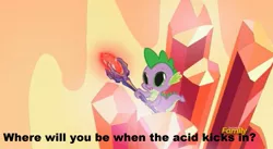 Size: 1663x911 | Tagged: bloodstoned spike, bloodstone scepter, derpibooru import, dilated pupils, discovery family logo, dragon lord spike, edit, edited screencap, gauntlet of fire, image macro, meme, safe, screencap, spike, where will you be when the drugs kick in?