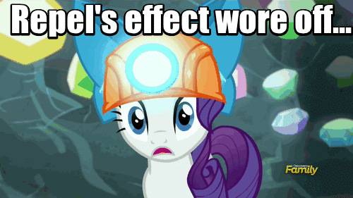 Size: 500x281 | Tagged: animated, bat, bow, cave, derpibooru import, discovery family logo, frown, gauntlet of fire, gem, gem cave, hard hat, hat, helmet, image macro, meme, mining helmet, oh crap, open mouth, pokémon, rarity, safe, screencap, solo, wide eyes, zubat