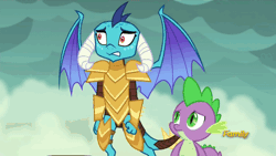 Size: 500x281 | Tagged: animated, armor, derpibooru import, discovery family logo, disguise, dragon, dragon armor, dragoness, female, gauntlet of fire, princess ember, rarity, safe, screencap, spike, subtitles, tree costume, twilight sparkle, twilight sparkle (alicorn)