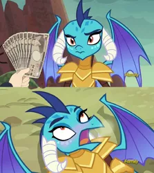 Size: 950x1064 | Tagged: ahegao, derpibooru import, discovery family logo, dragon, dragon armor, edit, edited screencap, exploitable meme, fistful of yen, gauntlet of fire, implied prostitution, meme, open mouth, princess ember, screencap, suggestive