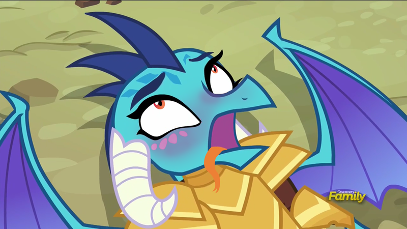 Size: 1280x720 | Tagged: suggestive, derpibooru import, edit, edited screencap, screencap, princess ember, dragon, gauntlet of fire, ahegao, blushing, context is for the weak, dragon armor, open mouth, out of context, solo, tongue out