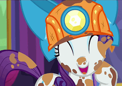 Size: 768x540 | Tagged: safe, derpibooru import, screencap, rarity, pony, unicorn, gauntlet of fire, animated, bow, cute, dirt, dirty, eyes closed, female, giggling, helmet, laughing, loop, mare, mining helmet, open mouth, raised hoof, raribetes, weapons-grade cute