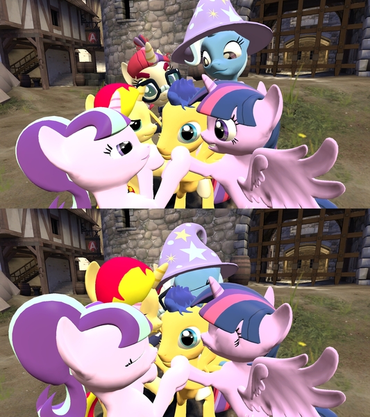 Size: 1920x2160 | Tagged: safe, artist:taijitu, derpibooru import, edit, flash sentry, moondancer, starlight glimmer, sunset shimmer, trixie, twilight sparkle, twilight sparkle (alicorn), alicorn, pony, 3d, collage, exploitable meme, eyes closed, female, flash sentry gets all the mares, flash sentry gets all the waifus, flashdancer (ship), flashglimmer, flashimmer, flashlight, gmod, harem, kissing, lucky bastard, magical quintet, male, mare, meme, moonflash, sentrixie, shipping, smiling, starsentry, straight, waifu thief, wide eyes