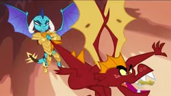 Size: 1920x1080 | Tagged: derpibooru import, discovery family logo, dragon, dragon armor, garble, gauntlet of fire, princess ember, safe, screencap, tail pull, this will end in pain