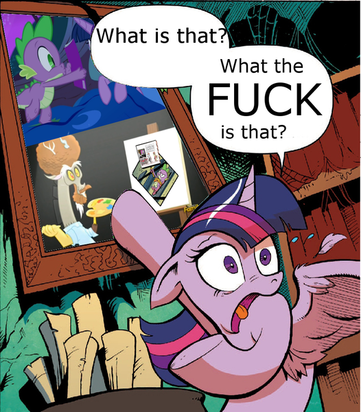 Size: 862x983 | Tagged: safe, derpibooru import, discord, spike, twilight sparkle, twilight sparkle (alicorn), alicorn, pony, accepted meme that never ends, bob ross, comic book meme, crossing the memes, exploitable, exploitable meme, female, full metal jacket, luddite spike, mare, meme, obligatory pony, the meme that never ends, vulgar