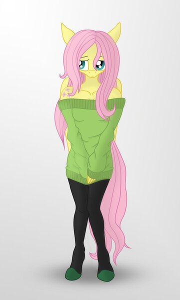 Size: 692x1153 | Tagged: anthro, artist:romus91, black stockings, clothes, cutie mark on shoulder, cyan eyes, derpibooru import, digital art, female, fluttershy, gradient background, green sweater, hands together, looking at you, mare, off shoulder, off shoulder sweater, pegasus, pink hair, pink mane, pink tail, safe, solo, stockings, sweater, sweatershy, thigh highs, yellow coat