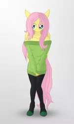 Size: 692x1153 | Tagged: anthro, artist:romus91, black stockings, clothes, cutie mark on shoulder, cyan eyes, derpibooru import, digital art, female, fluttershy, gradient background, green sweater, hands together, looking at you, mare, off shoulder, off shoulder sweater, pegasus, pink hair, pink mane, pink tail, safe, solo, stockings, sweater, sweatershy, thigh highs, yellow coat