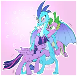 Size: 1889x1840 | Tagged: safe, artist:hellticket, derpibooru import, princess ember, spike, twilight sparkle, twilight sparkle (alicorn), alicorn, dragon, pony, gauntlet of fire, bisexual, cute, emberbetes, emberlight, emberspike, female, hug, lesbian, lesbian in front of boys, lucky bastard, male, mare, ot3, scratching, shipping, spike gets all the mares, straight, twispember, twispike