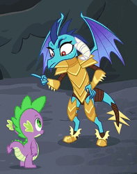Size: 621x789 | Tagged: animated, cropped, derpibooru import, dragon, dragon armor, gauntlet of fire, loop, princess ember, safe, screencap, spike