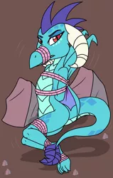 Size: 2550x4000 | Tagged: angry, artist:ryuseihikari, bondage, bound, bound wings, box tied, derpibooru import, dragon, female, gag, gauntlet of fire, muzzle gag, princess ember, rope, rope gag, simple background, solo, solo female, suggestive