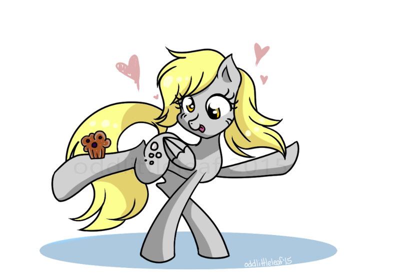 Size: 900x628 | Tagged: safe, artist:oddlittleleaf, derpibooru import, derpy hooves, pony, balancing, cute, derpabetes, food, heart, lightly watermarked, muffin, silly, silly pony, solo, that pony sure does love muffins, tongue out, watermark