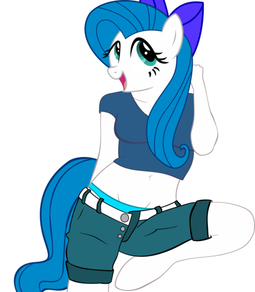 Size: 836x955 | Tagged: anthro, artist:fluttercommunist, artist:romus91, belly button, bow, clothes, derpibooru import, hair bow, midriff, oc, oc:minty blue, safe, shorts, unguligrade anthro, unofficial characters only