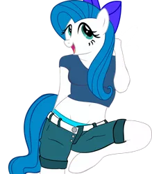 Size: 836x955 | Tagged: anthro, artist:fluttercommunist, artist:romus91, belly button, bow, clothes, derpibooru import, hair bow, midriff, oc, oc:minty blue, safe, shorts, unguligrade anthro, unofficial characters only