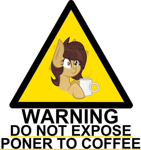 Size: 3818x4041 | Tagged: safe, artist:codras, artist:plone, derpibooru import, oc, oc:lockie, unofficial characters only, pony, coffee, cup, female, hoof hold, mare, mismatched eyes, mug, poner, shaking, shivering, sign, simple background, smiling, transparent background, warning sign, wide eyes