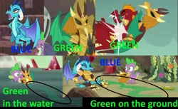 Size: 1119x686 | Tagged: armor, bodypaint, clever girl, derpibooru import, disguise, dragon, dragon armor, garble, gauntlet of fire, green, meta, ocean, paint, princess ember, rarity, safe, screencap, seaweed, spike, text, twilight sparkle, twilight sparkle (alicorn)