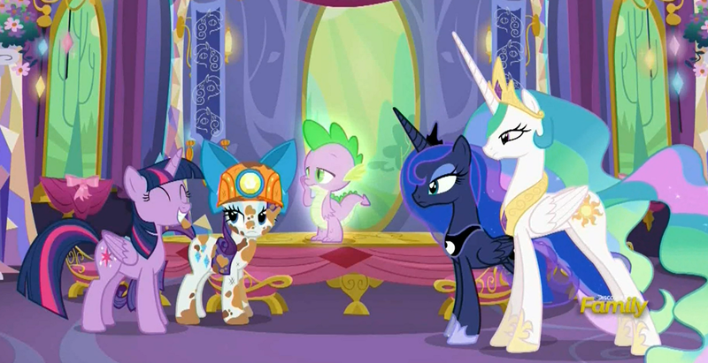 Size: 1304x670 | Tagged: safe, derpibooru import, screencap, princess celestia, princess luna, rarity, spike, twilight sparkle, twilight sparkle (alicorn), alicorn, pony, gauntlet of fire, bow, discovery family logo, done with your shit, eyes closed, female, frown, glow, grin, helmet, mare, mining helmet, royal sisters, smiling, squee, tired of your shit, unamused