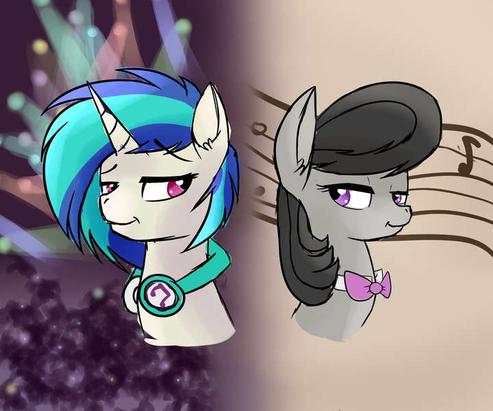 Size: 1600x1333 | Tagged: safe, artist:josiemaree, derpibooru import, octavia melody, vinyl scratch, bust, duo, headphones, portrait