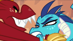 Size: 640x360 | Tagged: animated, badass, clapping, clapping ponies, derpibooru import, discovery family logo, dragon, dragon armor, eyes closed, garble, garblebuse, gauntlet of fire, glare, grin, gritted teeth, open mouth, princess ember, rarity, safe, screencap, smiling, text, throwing, twilight sparkle, twilight sparkle (alicorn), violence