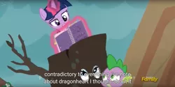 Size: 1920x960 | Tagged: safe, derpibooru import, screencap, rarity, spike, twilight sparkle, twilight sparkle (alicorn), alicorn, pony, gauntlet of fire, discovery family logo, dragonheart, female, mare, meme, youtube caption