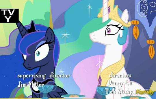 Size: 540x344 | Tagged: safe, derpibooru import, screencap, princess celestia, princess luna, gauntlet of fire, credits, cropped, discovery family logo, shrunken pupils, tv-y