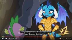 Size: 853x479 | Tagged: derpibooru import, discovery family logo, dragon, dragon armor, french, gauntlet of fire, meme, princess ember, safe, screencap, spike, spoiler, youtube, youtube caption