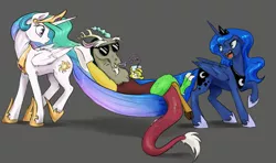 Size: 1280x760 | Tagged: safe, artist:silfoe, derpibooru import, discord, princess celestia, princess luna, alicorn, draconequus, pony, royal sketchbook, angry, bendy straw, discord being discord, drinking straw, female, glasses, hammock, hilarious, humor, juice, lemonade, luna is not amused, male, mare, open mouth, stuck together, sunglasses, this will end in pain, this will end in petrification, varying degrees of amusement