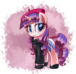 Size: 1280x1262 | Tagged: safe, artist:lightof-dawn, derpibooru import, rarity, pony, unicorn, sweet and elite, beatnik rarity, bedroom eyes, beret, clothes, cute, female, hat, mare, raribetes, signature, smiling, solo, style emulation, sweater, whitediamonds-ish