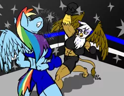 Size: 990x765 | Tagged: safe, artist:caseyljones, derpibooru import, gilda, rainbow dash, anthro, gryphon, boxing, boxing gloves, boxing ring, breasts, busty gilda, busty rainbow dash, clothes, female, fight, impact, midriff, muscles, punch, sports bra, trunks, uppercut