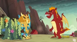 Size: 841x461 | Tagged: derpibooru import, discovery family logo, dragon, dragon armor, garble, gauntlet of fire, princess ember, safe, screencap, seaweed, spike