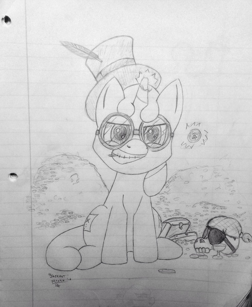 Size: 1586x1936 | Tagged: safe, artist:plinko, derpibooru import, oc, oc:sweetwater, unofficial characters only, pony, unicorn, female, filly, goggles, grayscale, lined paper, monochrome, sketch, solo, traditional art