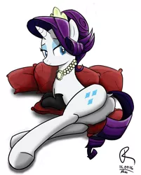 Size: 1402x1743 | Tagged: suggestive, artist:nevobaster, derpibooru import, rarity, pony, unicorn, the gift of the maud pie, clothes, dock, female, pillow, plot, socks, solo, solo female, sultry pose