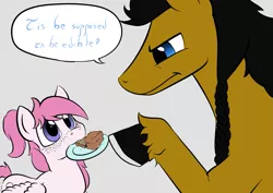 Size: 1169x826 | Tagged: safe, artist:darkhestur, derpibooru import, oc, oc:dark, oc:mashumaro, unofficial characters only, earth pony, pegasus, pony, ask, banana bread, bread, cute, dialogue, food, simple background, speech bubble, tumblr