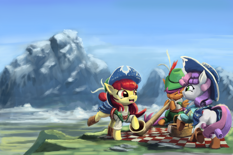 Size: 1634x1089 | Tagged: adorabloom, alphorn, apple bloom, artist:bakuel, clothes, cow belle, cute, cutealoo, cutie mark crusaders, dancing, derpibooru import, diasweetes, group, lederhosen, mountain, musical instrument, on your marks, open mouth, picnic, safe, scene interpretation, scootaloo, square dance, sweetie belle, the cmc's cutie marks, trio, yodeloo