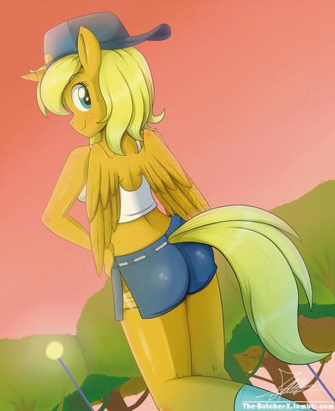 Size: 1305x1600 | Tagged: alicorn, alicorn oc, anthro, artist:the-butch-x, backwards ballcap, baseball cap, cap, commission, derpibooru import, hand on hip, hat, looking at you, looking back, midriff, oc, oc:ticket, safe, smiling, solo, unofficial characters only