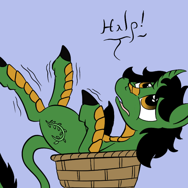 Size: 659x659 | Tagged: safe, artist:darkhestur, derpibooru import, oc, oc:kappa the kirin, unofficial characters only, basket, dialogue, simple background, speech bubble, stuck