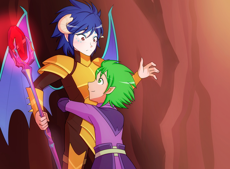 Size: 1280x939 | Tagged: armor, artist:jonfawkes, bloodstone scepter, cute, derpibooru import, dragon armor, dragon lord ember, elf ears, female, freckles, frown, gauntlet of fire, hug, human, humanized, it's called a hug, male, princess ember, safe, scene interpretation, smiling, spike, spread wings, wide eyes, winged humanization, wings