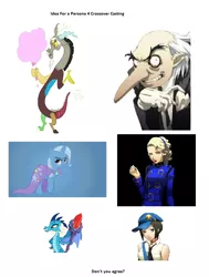 Size: 740x980 | Tagged: safe, artist:lolke12, artist:shelmo69, artist:topaz7373, derpibooru import, discord, princess ember, trixie, dragon, pony, unicorn, gauntlet of fire, bloodstone scepter, cotton candy, crossover, dragon lord ember, female, igor, mare, margaret, marie, persona, persona 4, persona 4 golden