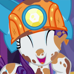 Size: 494x494 | Tagged: safe, derpibooru import, screencap, rarity, pony, unicorn, gauntlet of fire, animated, bow, clothes, cute, dirt, dirty, eyes closed, female, giggling, hat, helmet, laughing, mare, mining helmet, open mouth, raised hoof, raribetes, smiling, weapons-grade cute