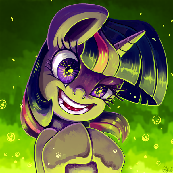 Size: 873x870 | Tagged: safe, artist:sorcerushorserus, derpibooru import, twilight sparkle, pony, unicorn, bubble, crazy eyes, female, laughing, mad scientist, mare, open mouth, solo, twilight snapple