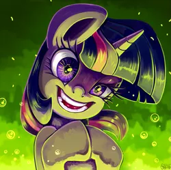 Size: 873x870 | Tagged: safe, artist:sorcerushorserus, derpibooru import, twilight sparkle, pony, unicorn, bubble, crazy eyes, female, laughing, mad scientist, mare, open mouth, solo, twilight snapple